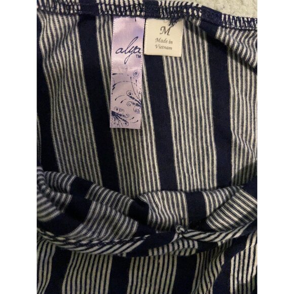 Alya Navy White Striped Maxi Dress M Handkerchief Hem Tie Front Spaghetti Strap - Picture 5 of 10